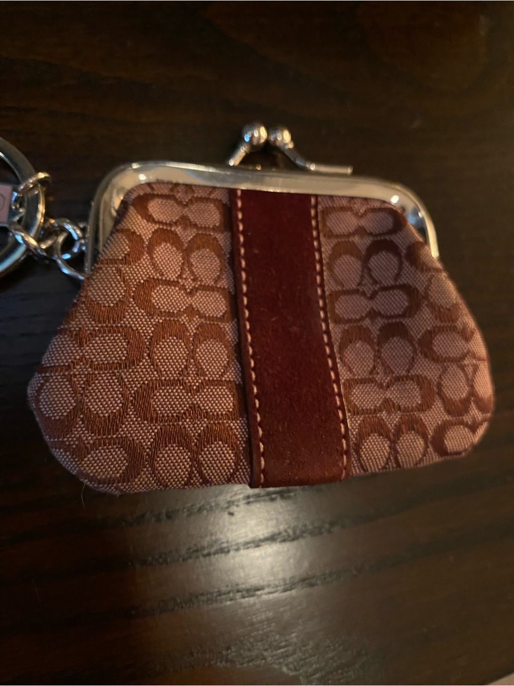 Coach Pink and Burgundy Signature Kiss-Lock Keyring Coin Purse - Picture 3 of 6